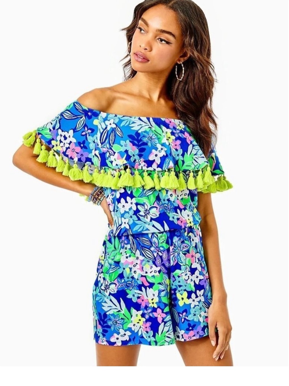 Lily Pulitzer la fortuna  Off-Shoulder One-Piece Romper with Lime Tassel Tri